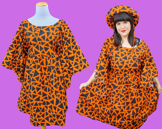 Fait à la main, recyclé orange et noir, sur le thème d'Halloween, robe drap de lit avec manches cloche, poches et cravate taille SM