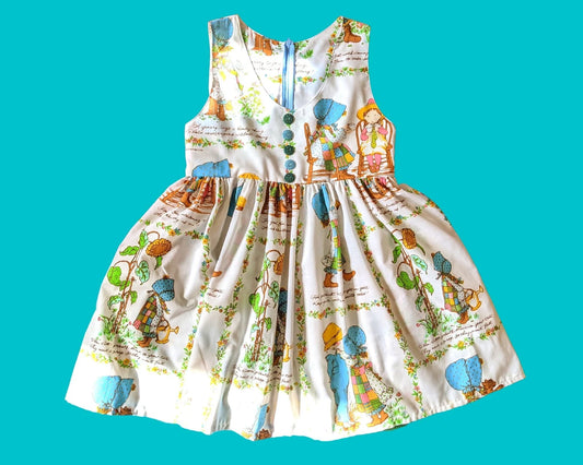 Handmade, Upcycled L-O-L-A Lola Model, Holly Hobbie Bedsheet, Sleeveless Dress, Lined Bodice and Pockets Size S-M