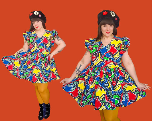 Handmade, Upcycled Black and Rainbow Colours, Retro Mini Dress, Short Puffy Sleeves Size L-XL