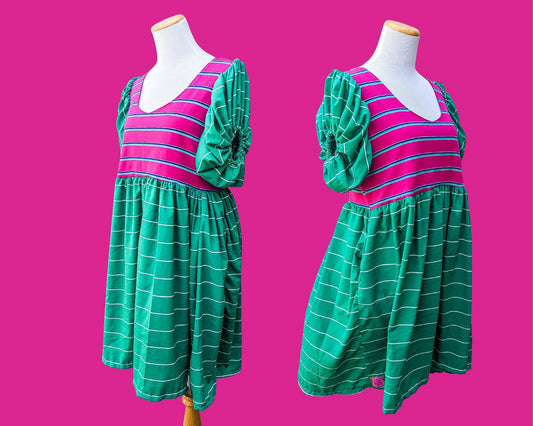 Handmade, Upcycled Pink Stretchable Striped Fabric and Silky Green and White Lined Fabric Dress, Short Puffy Sleeves Size S-M