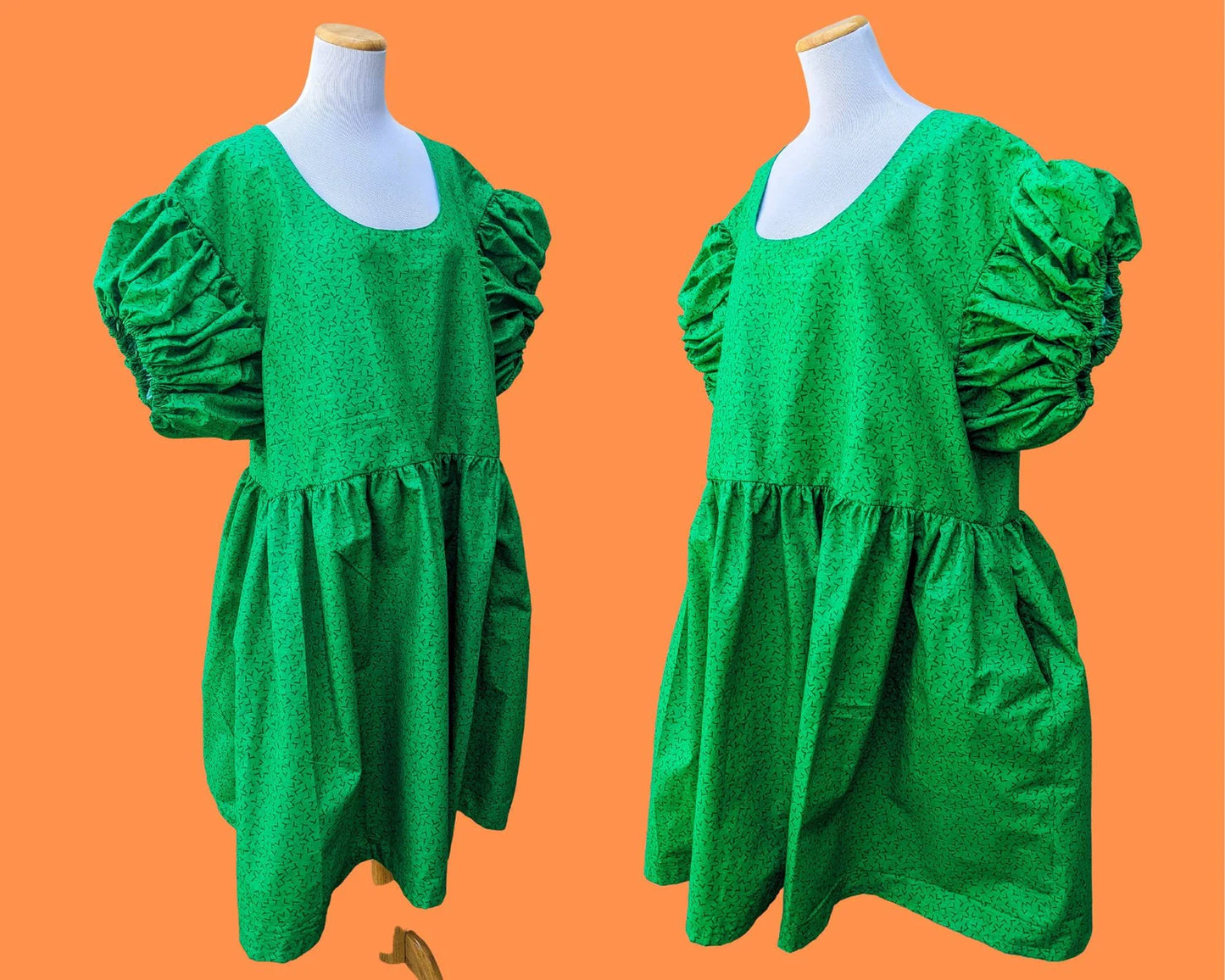 Robe vert émeraude recyclée faite à la main, grande taille, manches courtes bouffantes taille 2XL
