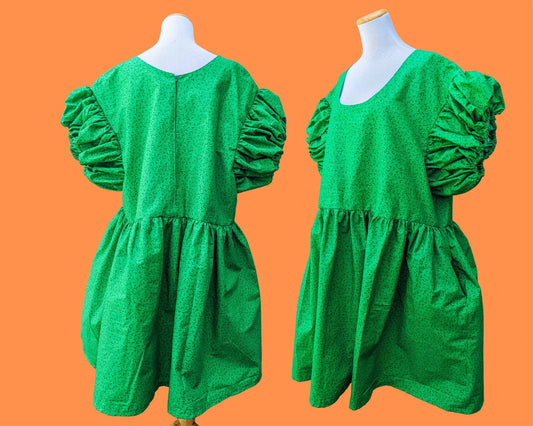 Handmade, Upcycled Emerald Green Dress Plus Size, Short Puffy Sleeves Size 2XL