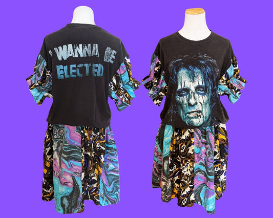 Handmade, Upcycled Alice Cooper, T-Shirt Dress, Vintage Fabrics Skirt and Matching Sleeves Size L