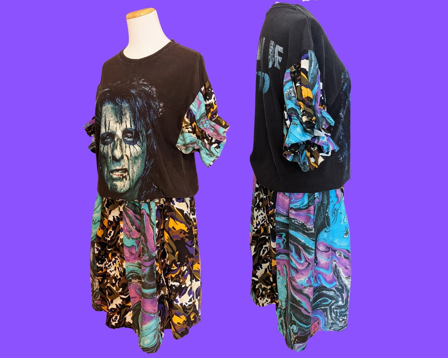 Handmade, Upcycled Alice Cooper, T-Shirt Dress, Vintage Fabrics Skirt and Matching Sleeves Size L