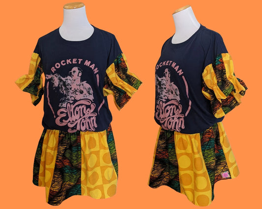 Handmade, Upcycled Elton John T-Shirt Dress, Vintage Fabrics Skirt and Matching Sleeves Size XL