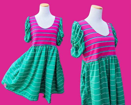 Handmade, Upcycled Pink Stretchable Striped Fabric and Silky Green and White Lined Fabric Dress, Short Puffy Sleeves Size S-M