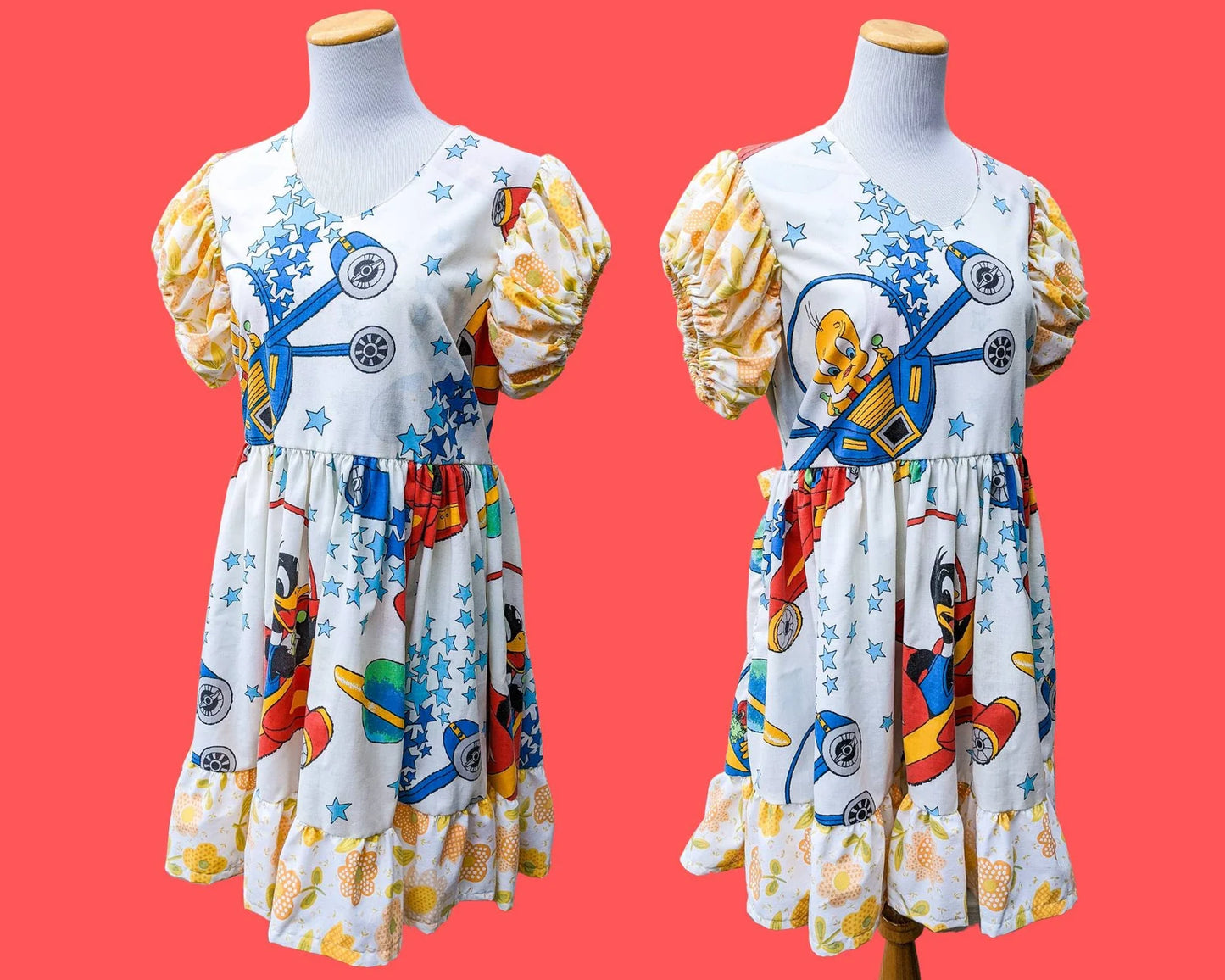 Handmade, Upcycled Vintage Looney Tunes Bedsheets Dress, Short Puffy Sleeves, Floral Pattern Size L-XL