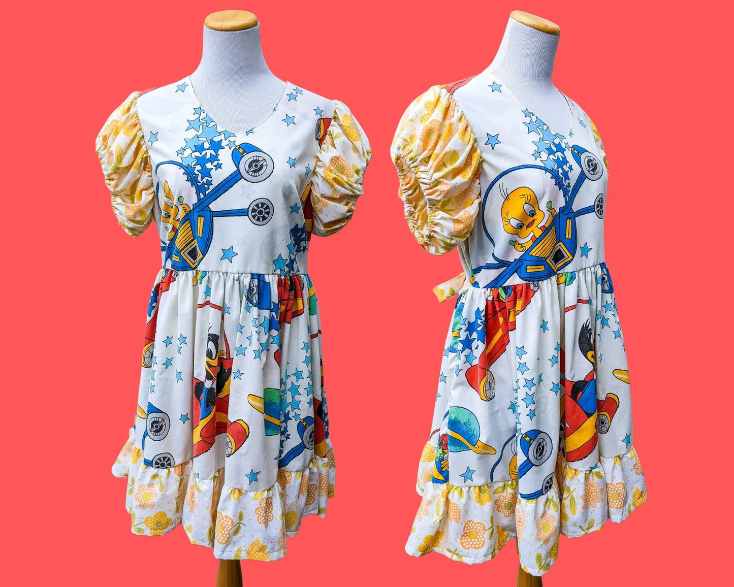 Robe de draps de lit Looney Tunes Vintage faite à la main, recyclée, manches courtes bouffantes, motif floral taille L-XL