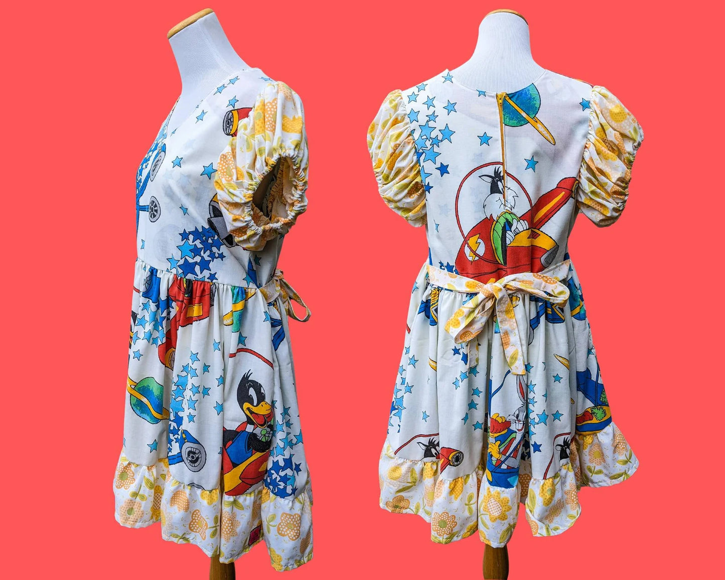 Handmade, Upcycled Vintage Looney Tunes Bedsheets Dress, Short Puffy Sleeves, Floral Pattern Size L-XL