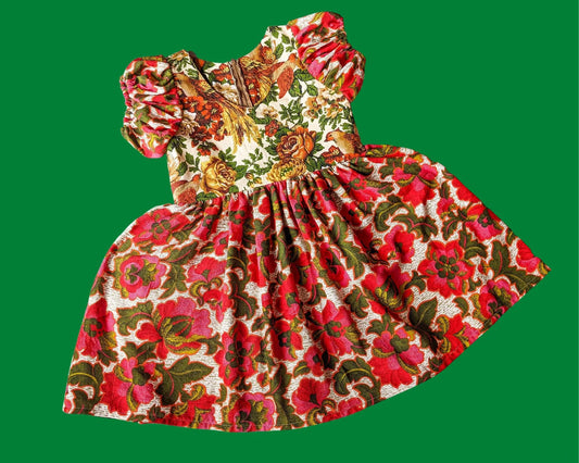 Fait à la main, tissu vintage recyclé des années 1950, oiseaux et fleurs pour le corsage, robe à manches bouffantes courtes taille SM