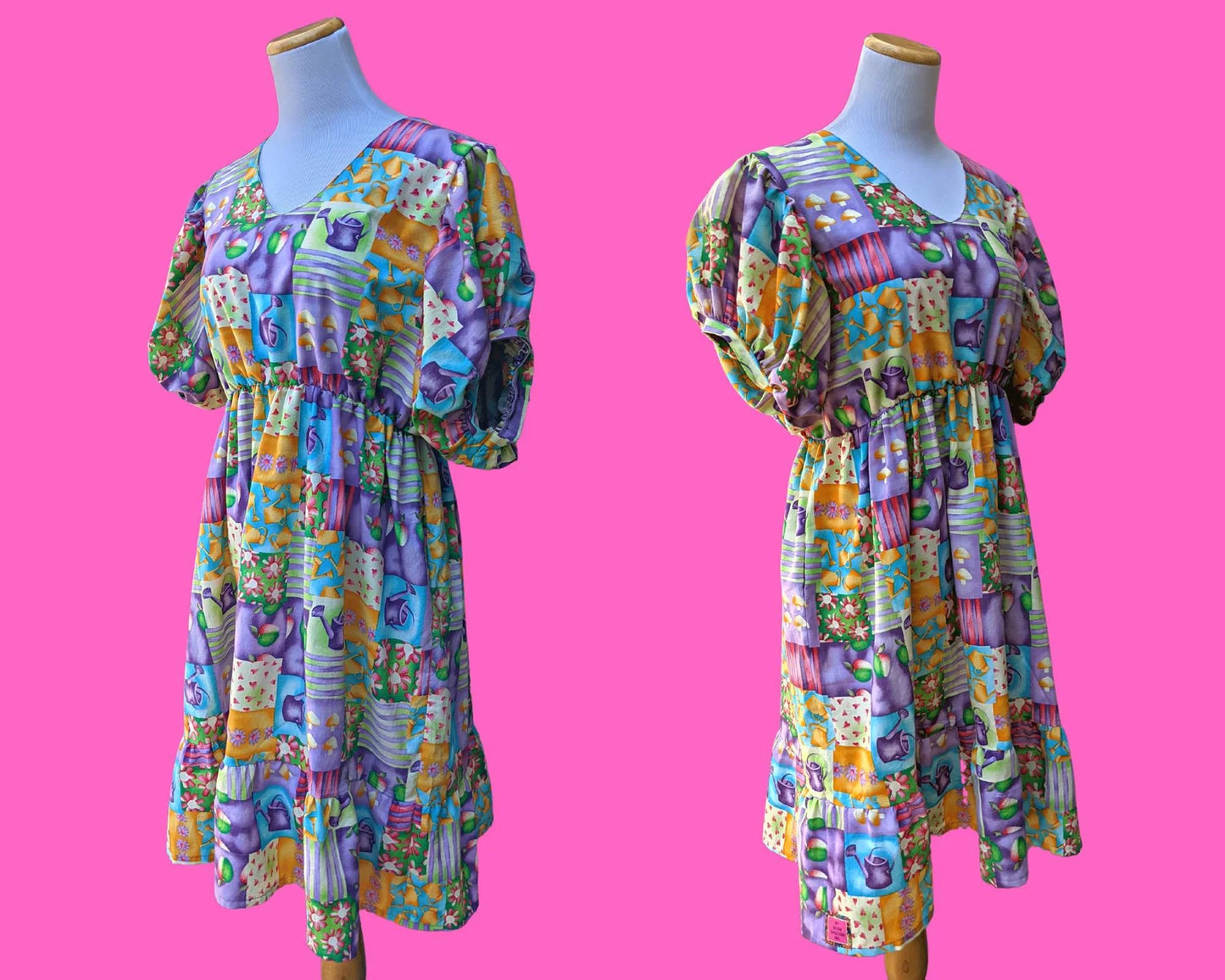 Handmade, Upcycled Vintage 1990's Gardening Themed Fabric Dress with Sleeves and Pockets Size L/XL