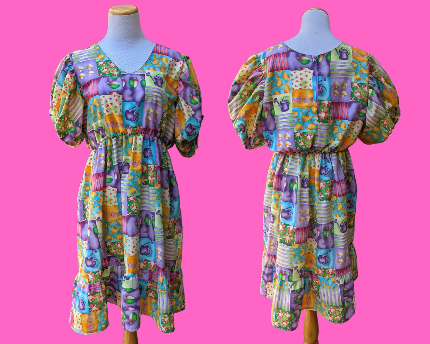 Handmade, Upcycled Vintage 1990's Gardening Themed Fabric Dress with Sleeves and Pockets Size L/XL