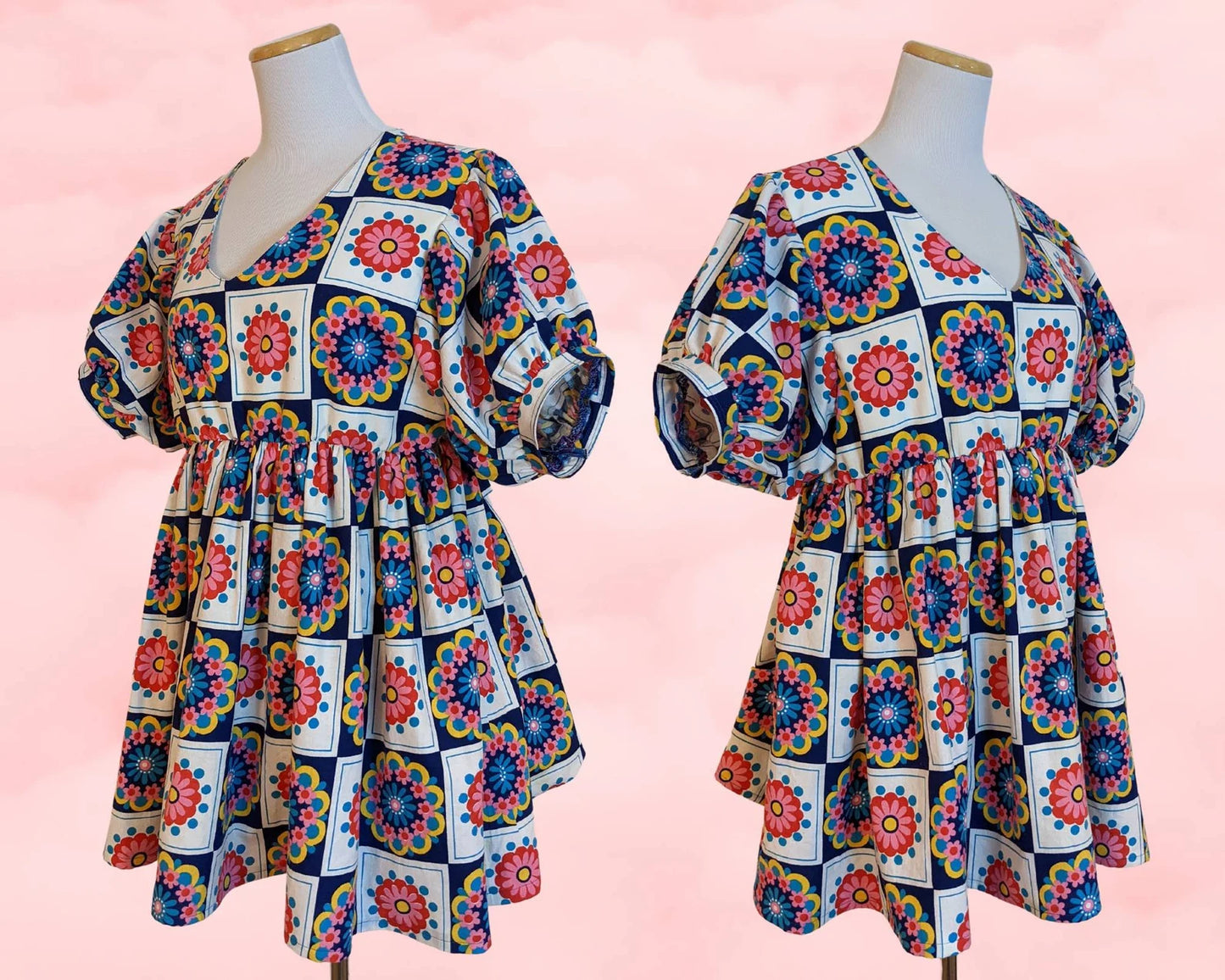 Handmade, Upcycled Vintage 1960's, Mod, Tablecloth Fabric Mini Dress with Pockets Size M