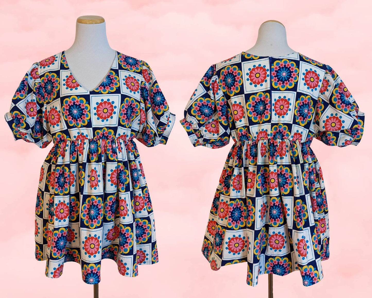 Handmade, Upcycled Vintage 1960's, Mod, Tablecloth Fabric Mini Dress with Pockets Size M