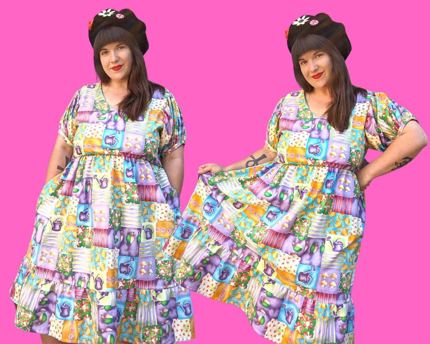 Handmade, Upcycled Vintage 1990's Gardening Themed Fabric Dress with Sleeves and Pockets Size L/XL